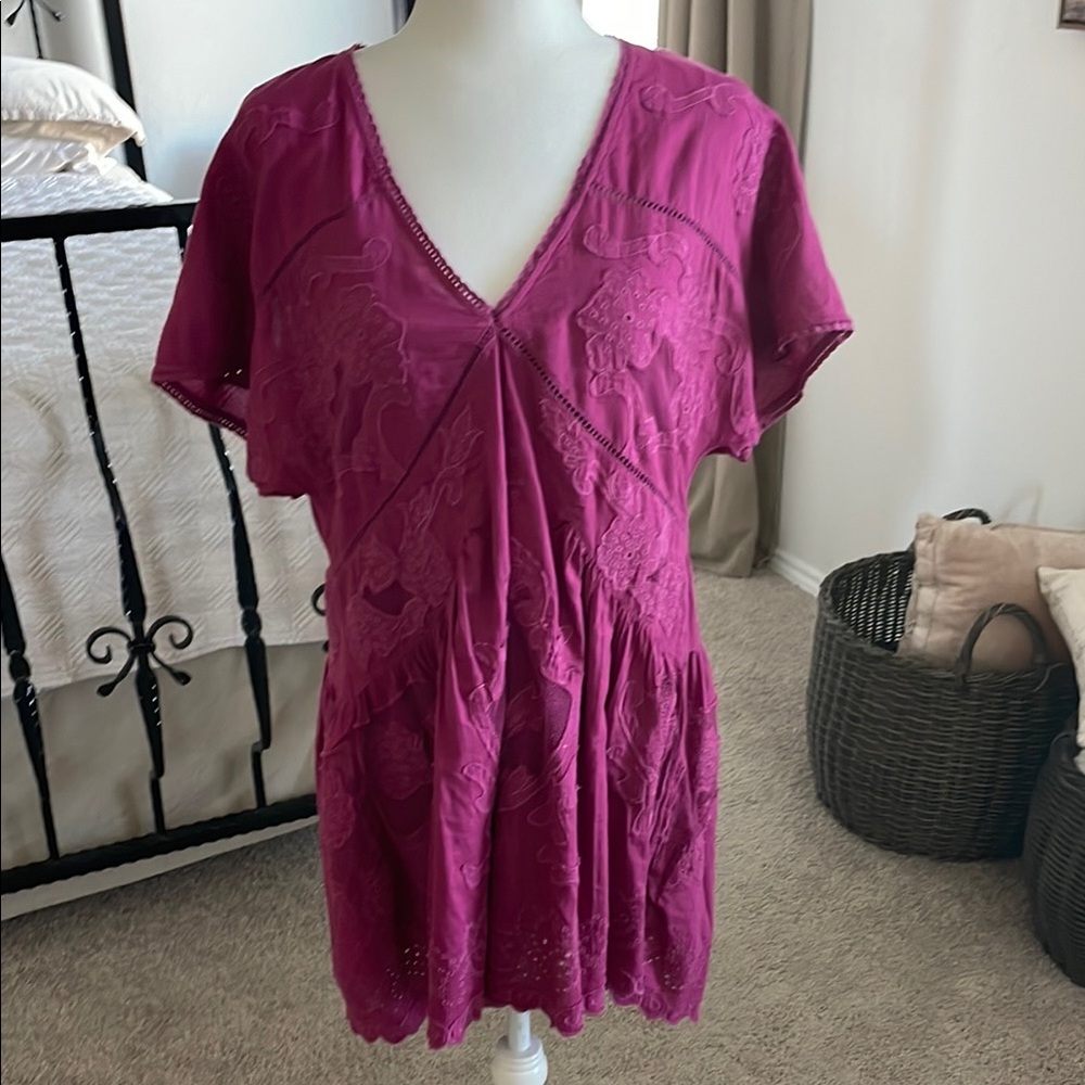 Free People Pink Pleated V-Neck Dress with Short Sleeves
